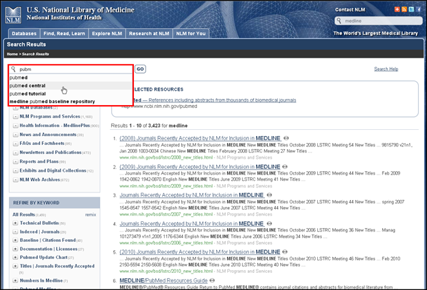 Screen capture of auto-complete feature appears on the NLM main Web site search results page.
