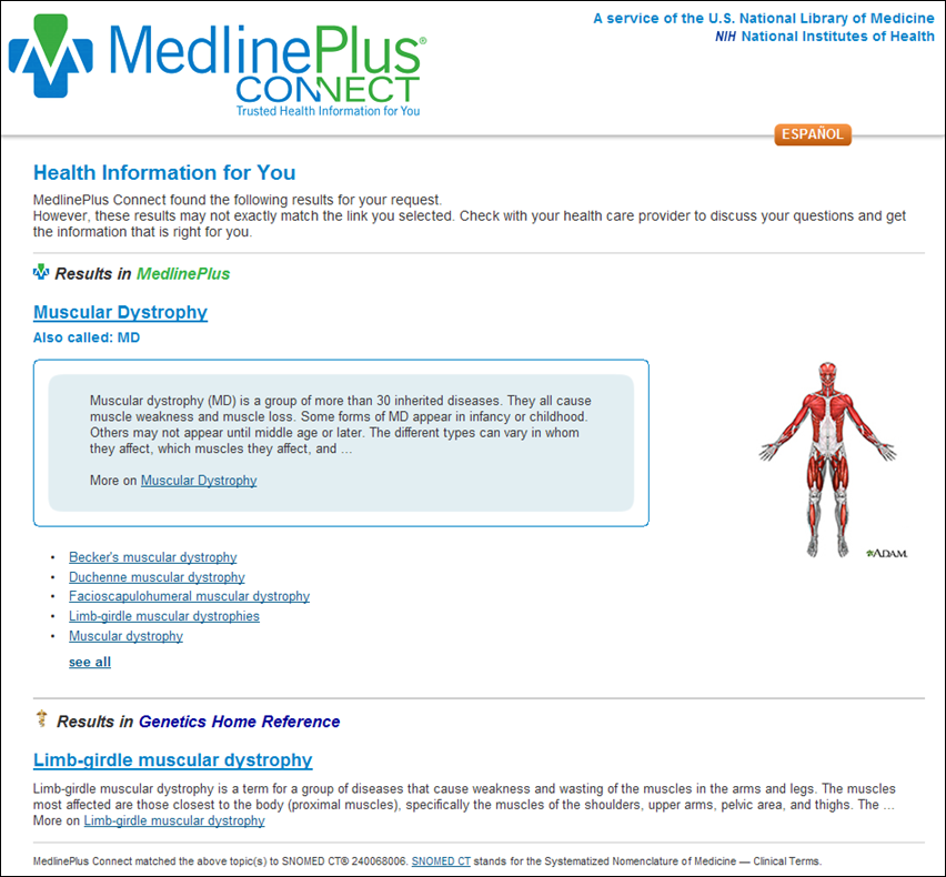 Screen capture of Sample response with MedlinePlus and GHR information