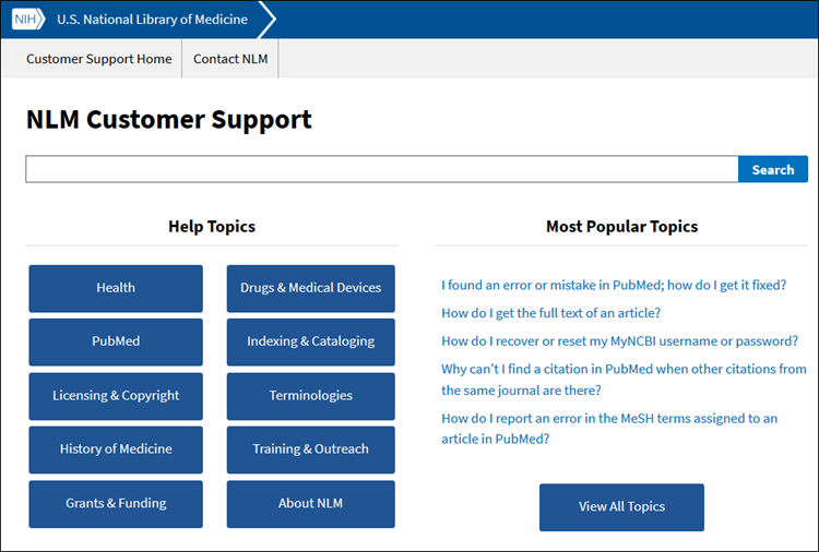 image of NLM customer support portal.