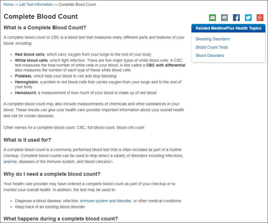 MedlinePlus lab test information for Complete Blood Count