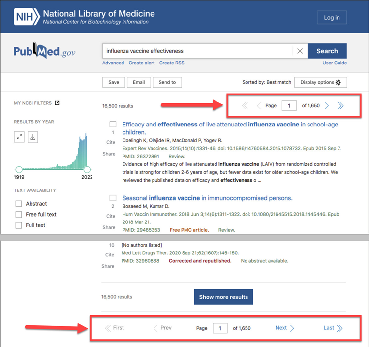 Page navigation is available at the top and bottom of PubMed search result pages.