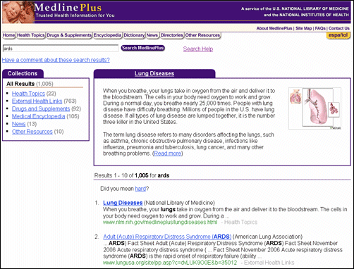 Screen capture of MedlinePlus search results for ards.