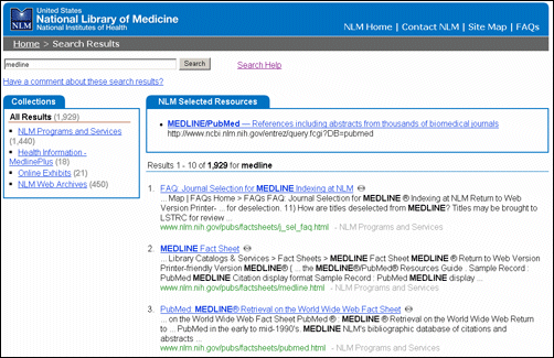 Screen capture of NLM site search results for medline.