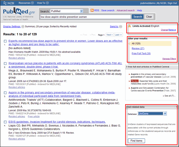 PubMed Summary Results with Filter.