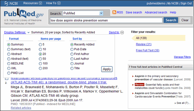 PubMed Display Settings Menu.