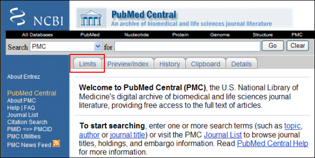 PMC Advanced search page.