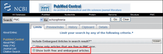 screen shot of Search that includes Free and Embargoed Articles.