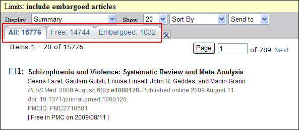 Results Page with tabs for Free and Embargoed Article Citations.