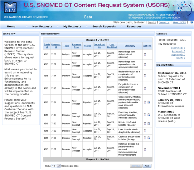 Screen capture of U.S. SNOMED CT Content Request System homepage.