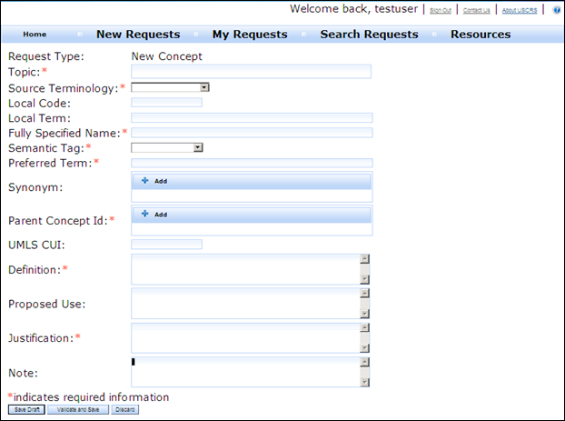 Screen capture of New Concept online request form.
