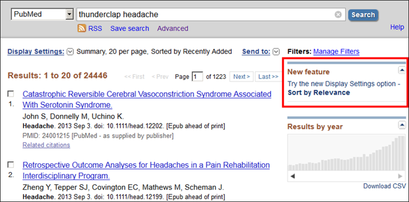 Screen capture of PubMed Summary results with Sort by Relevance feature discovery tool.
