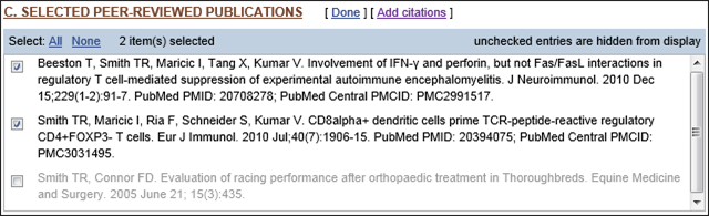 Screen capture of Show/hide entries in Selected Peer-reviewed Publications