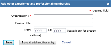 Screen capture of Other Experience & Professional Membership window