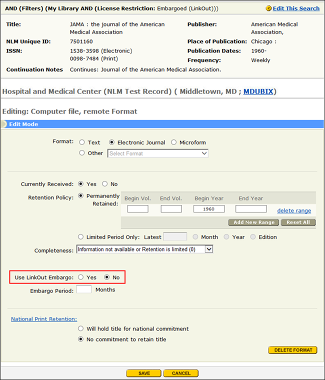 Screen capture of Serial Holdings Edit display with new Use LinkOut Embargo option.