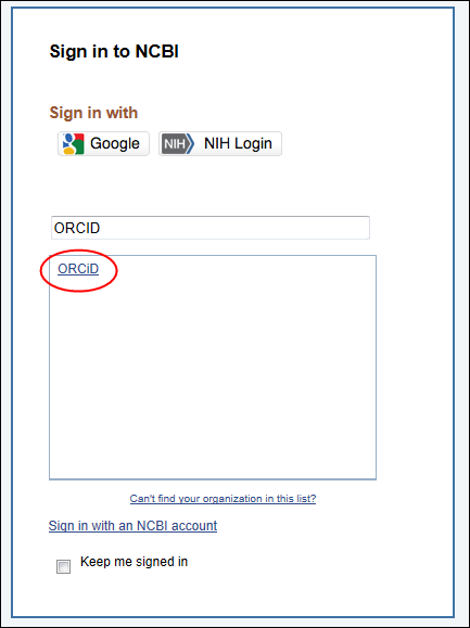 Screen capture of NCBI Sign in page
