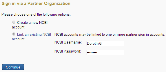 Screen capture of NCBI sign in via partner organization page