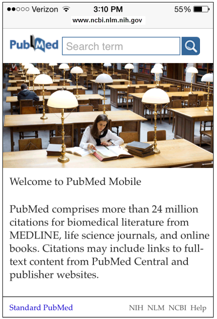 Screen capture ofPubMed Mobile homepage.