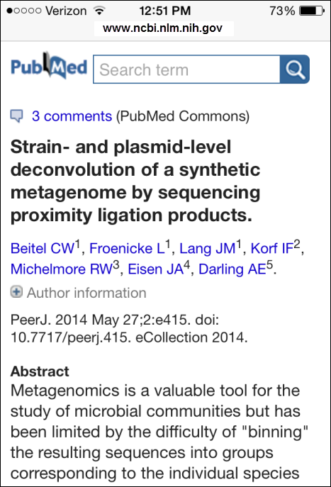 Screen capture of PubMed Mobile abstract display with PubMed Commons comment icon and Author information widget.