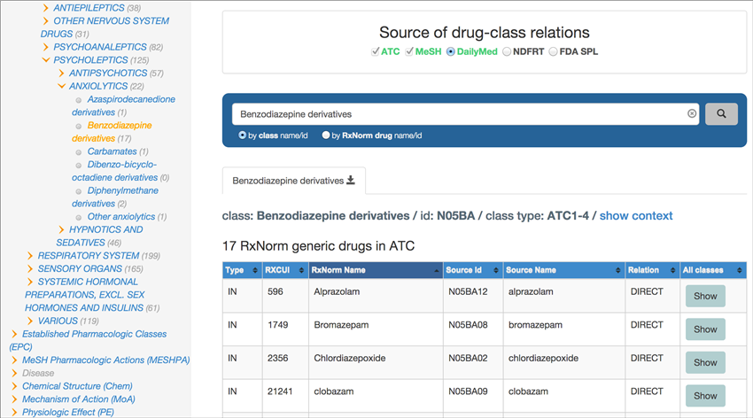 RxClass results display: Shows RxNorm and drug class source data for your results.