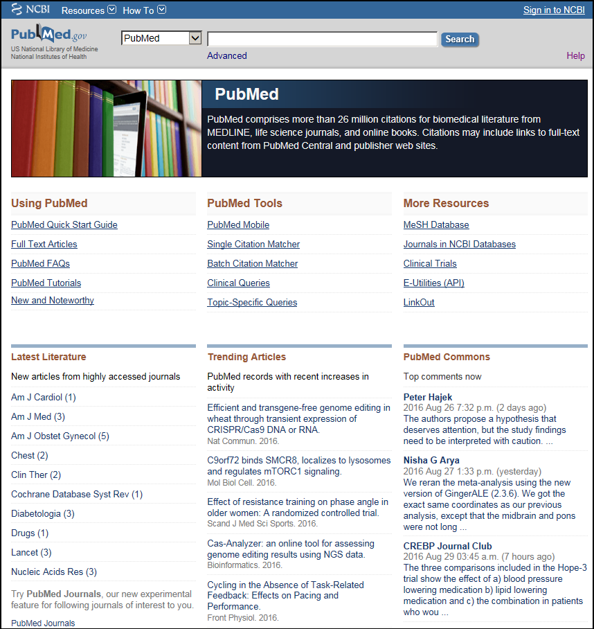 screen shot of enhanced PubMed homepage