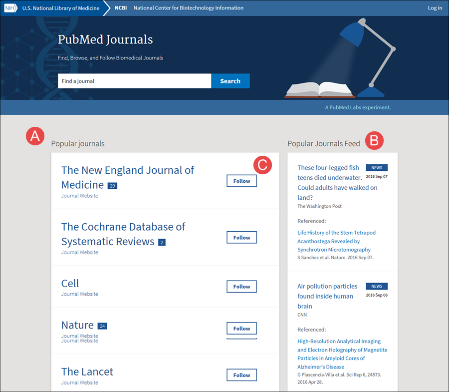 screen shot of PubMed Journals homepage