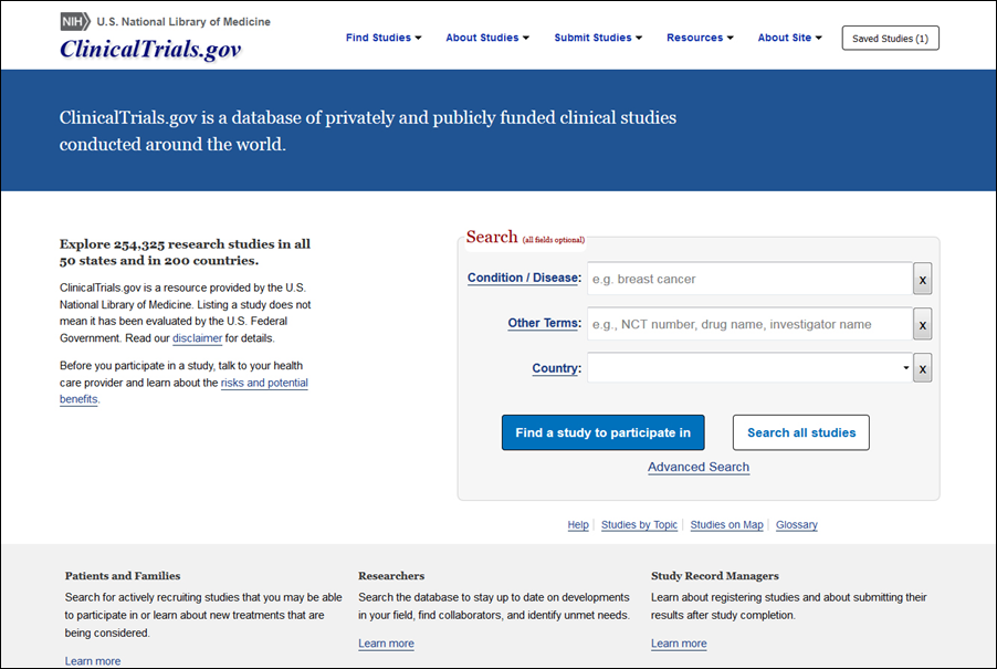 Redesigned ClinicalTrials.gov homepage.