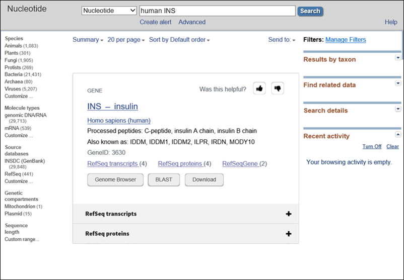 The new natural language search result in the Nucleotide database from a search for human INS.