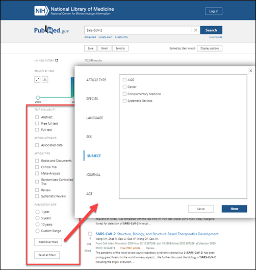 screenshot of PubMed page featuring the filters side bar and additional features interface.