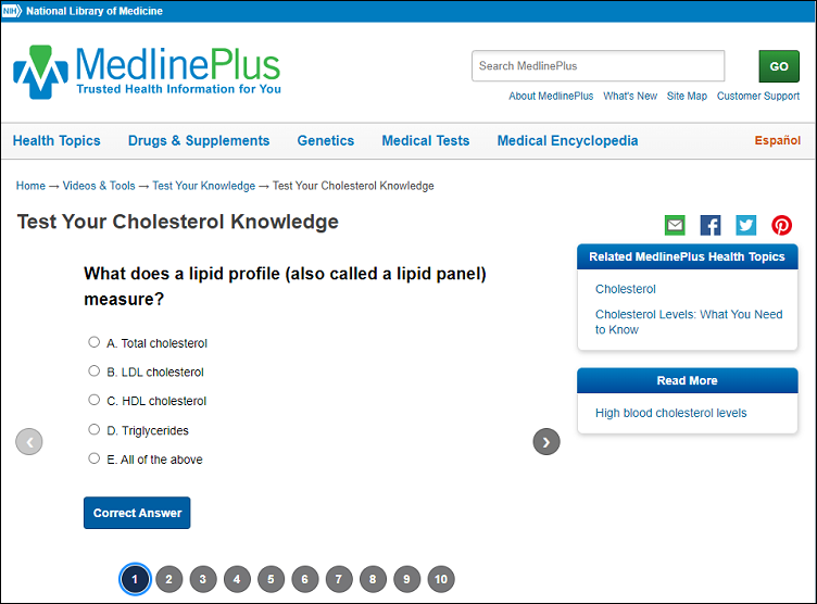 screenshot of MedlinePlus quiz