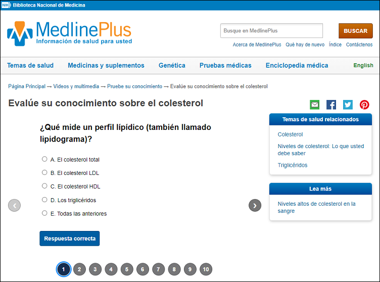 screenshot of MedlinePlus en Espanol quiz