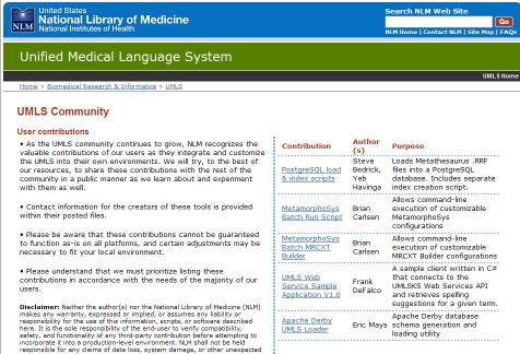 screen shot of UMLS community page