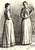 Illustration of two women in dresses, the woman in front turns her head to look at the second woman.