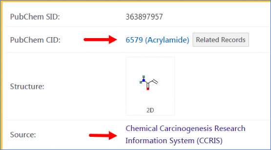 Screen capture of PubChem Substance showing CCRIS Acrylamide record.