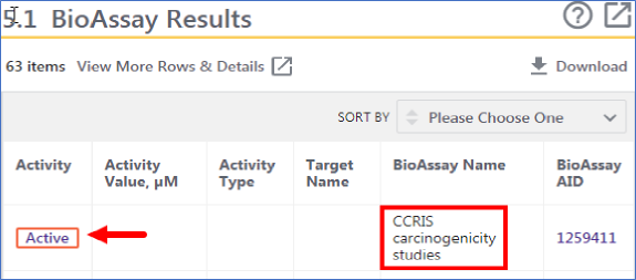 Screen capture of PubChem Substance showing Bioassay Results section of the CCRIS Acrylamide record.