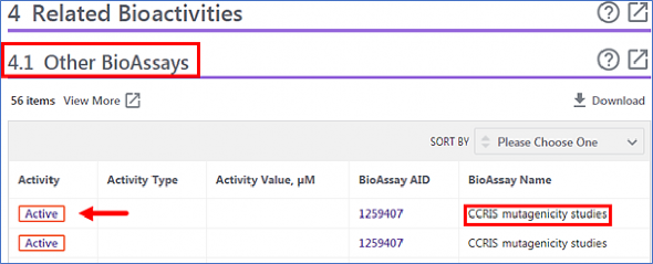 Screen capture of PubChem BioAssay showing the CCRIS Acrylamide and Other Bioassay section of the CCRIS carcinogenicity studies.