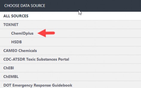 Once clicking on the Filter by Source, select TOXNET -> ChemIDplus to activate filter that display ChemIDplus ONLY content.