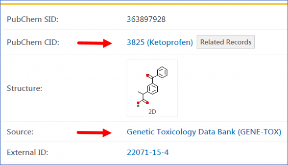 Screen capture of PubChem Substance Ketoprofen record from the source GENE-TOX.