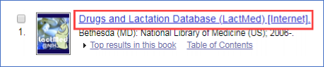 Screen capture of Bookshelf search results showing Drugs and Lactation Database (LactMed) [Internet].