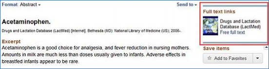 Screen capture of the PubMed result of the  acetaminophen drug record in LactMed.  Clicking on the "Full text links" will take users to the LactMed record in Bookshelf.