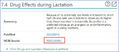 Screen capture of PubChem Compound record showing annotation of LactMed content, with link to LactMed in NCBI Books.