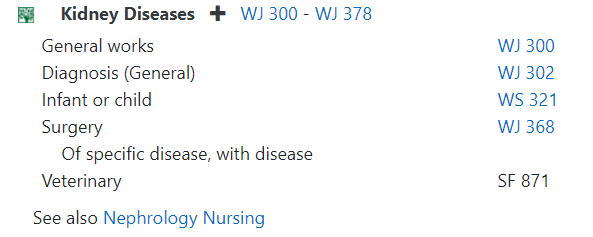 Screen capture of Kidney Diseases to WJ 300-378 in the NLM Classification index.