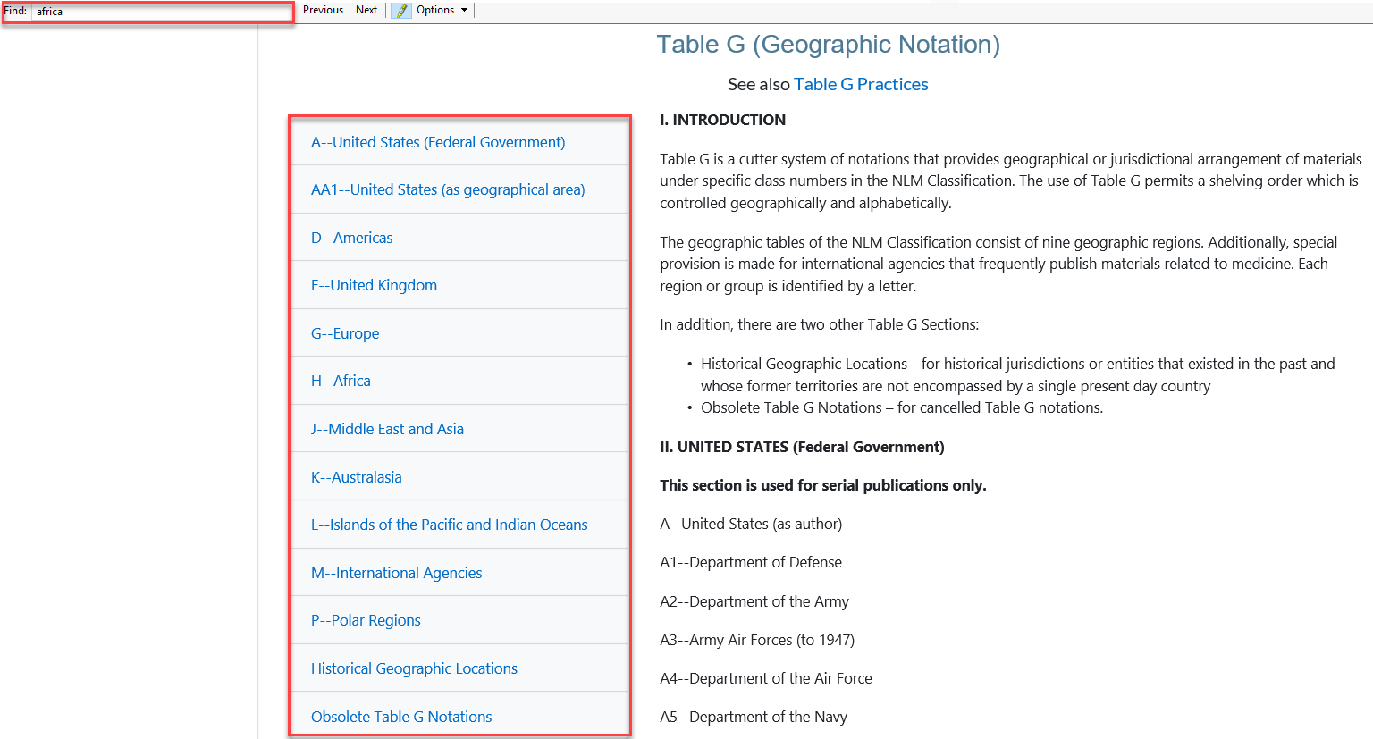 Screen capture of the Table G Notation TOC.