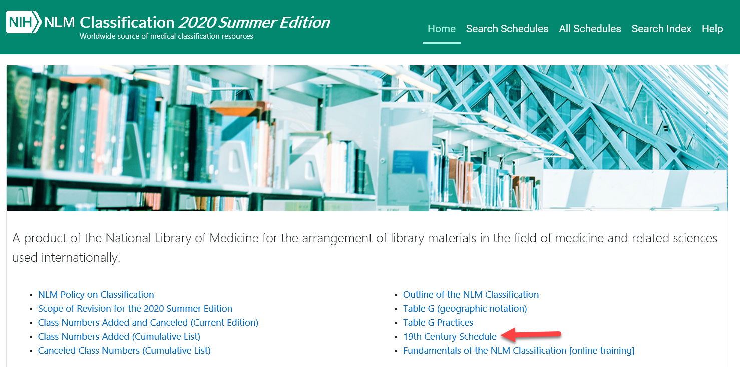 Screen capture of the link to the 19th Century Schedule from the NLM Classification homepage.