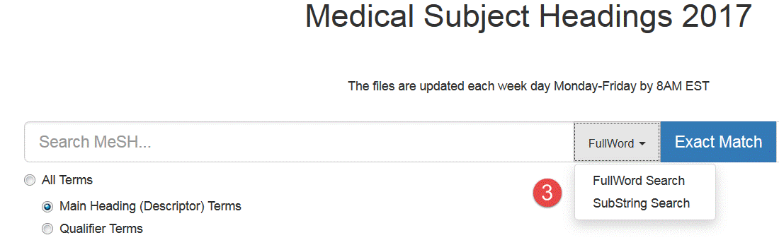 Screen capture of the main MeSH Browser search screen with red arrow pointing to Find Exact Term.