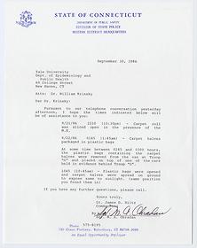 Letter from Sgt. M. A. Ohradan, Connecticut State Police, to Dr. William Krinsky, Yale University, concerning timetable relating to the murder of Sylvia Hunt, September 30, 1986