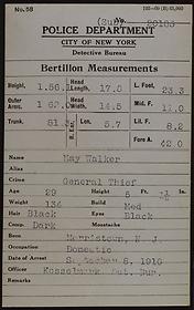 Bertillon card for May Walker, arrested for general theft (measurements), September 8, 1910