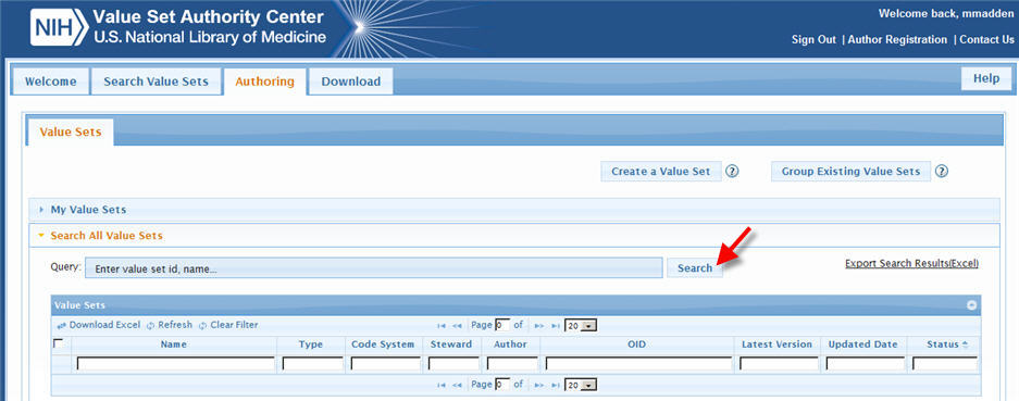 Image of the open VSAC Authoring tab, showing the expanded Search All Value Sets section. The Search button is highlighted to show the user needs to click on the Search button to obtain the list of all value sets.