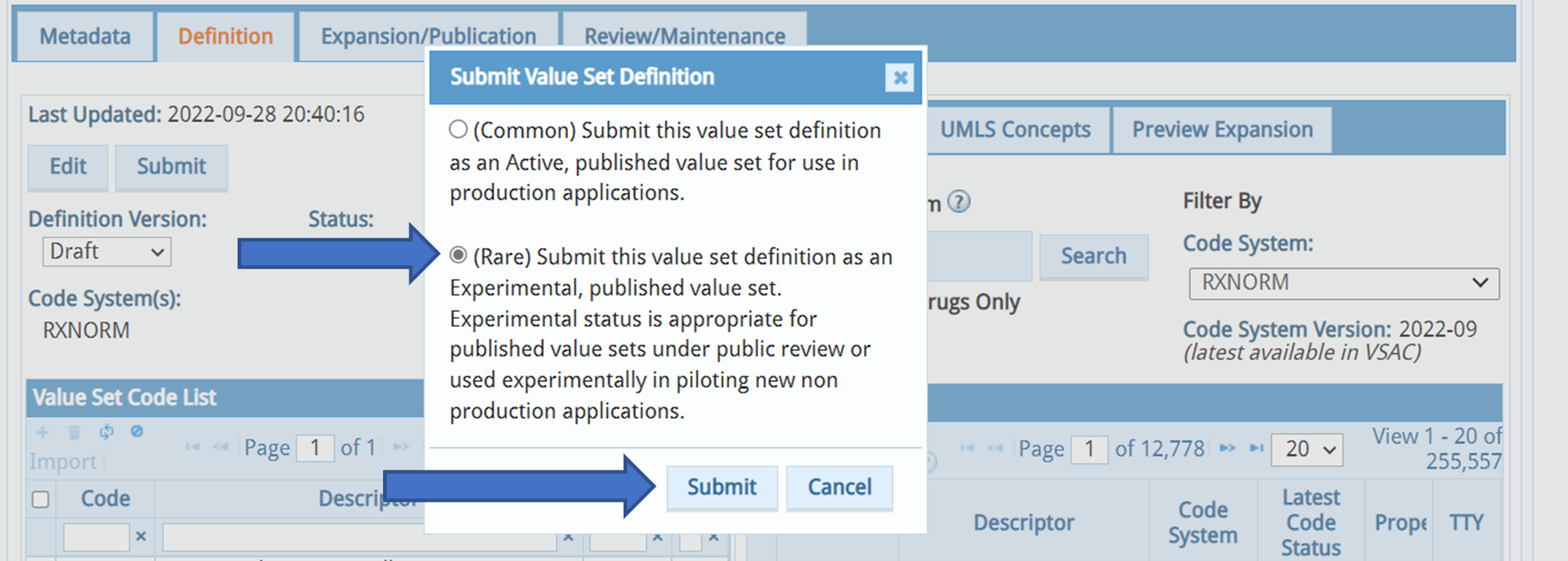 Submit Value Set Definition window