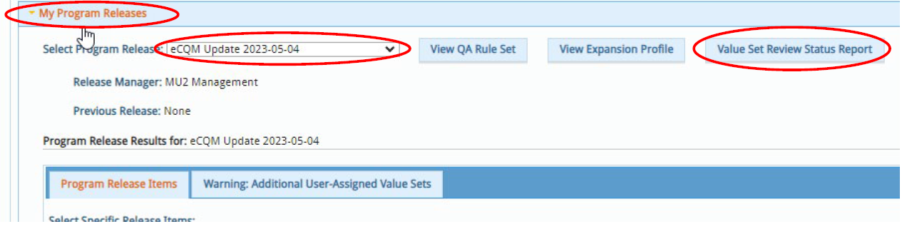 Value Set Review Status Report download button in My Program Releases