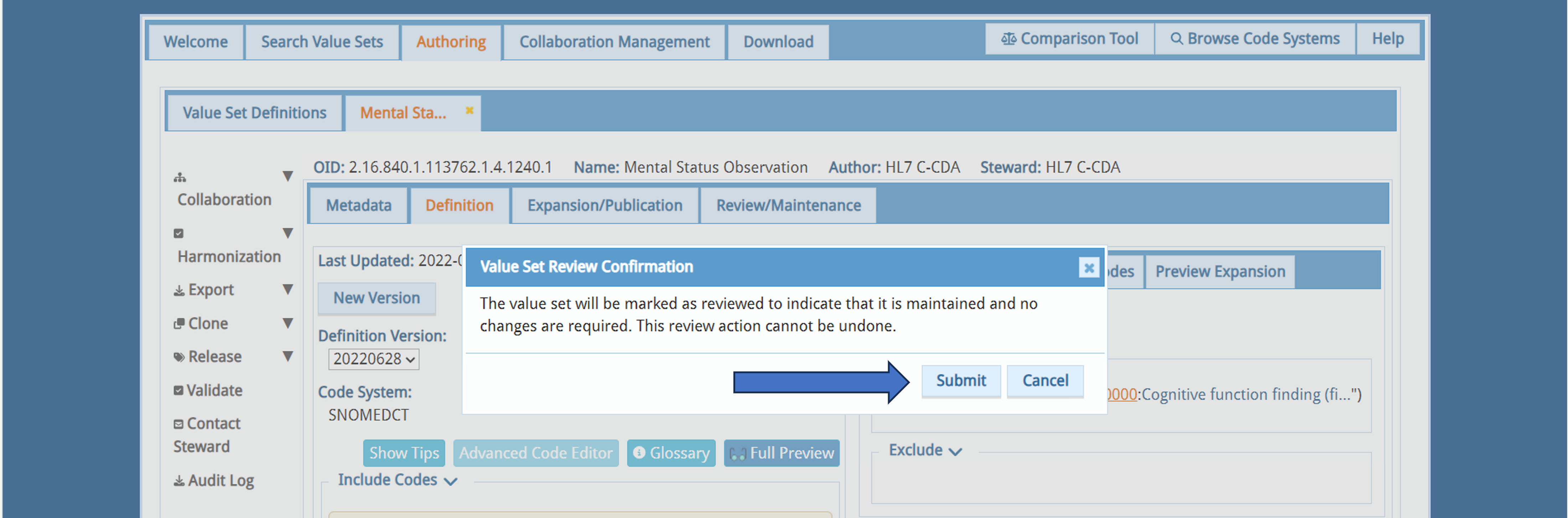 Value Set Review Confirmationi window in VSAC Authoring